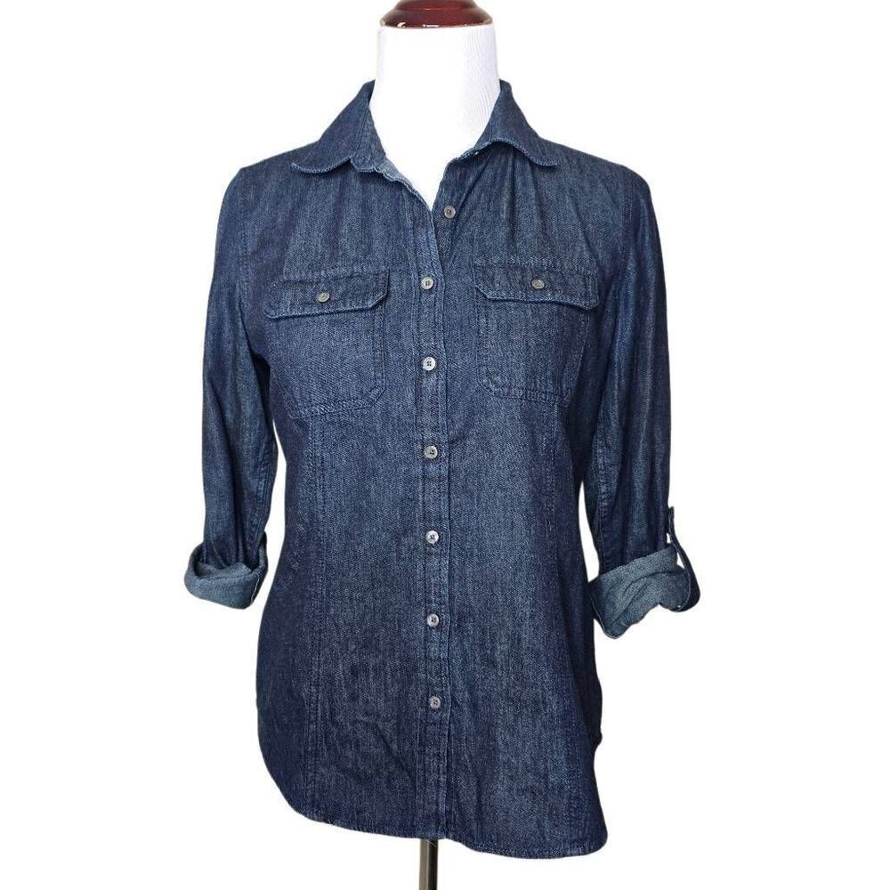 Talbots Denim Button Up Shirt Dark Wash Roll Tab Sleeve Cotton Blouse